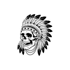 black and white vector of a human skull wearing a traditional Native American feathered war bonnet headdress with beaded accents and intricate line work.