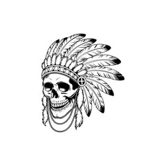 black and white vector of a human skull wearing a traditional Native American feathered war bonnet headdress with beaded accents and intricate line work.