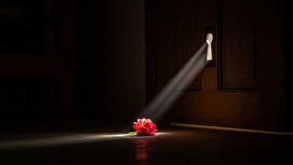 Flower Illuminated by Light Through Keyhole Shadow Serenity Dramatic. Concept featuring flower, light, keyhole, shadow, serenity.