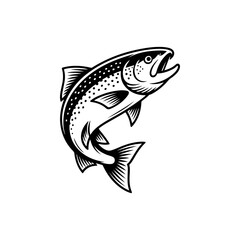 Fototapeta premium black and white vector icon of a jumping salmon featuring intricate scale patterns and fins. Perfect for seafood branding or fly fishing logos.