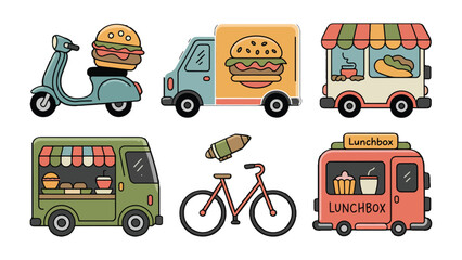 Fast Food Delivery: A collection of quirky illustrations showcases diverse modes of transport for delivering delicious fast food, capturing the essence of modern culinary convenience.