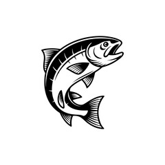 black and white vector icon of a jumping salmon featuring intricate scale patterns and fins. Perfect for seafood branding or fly fishing logos.