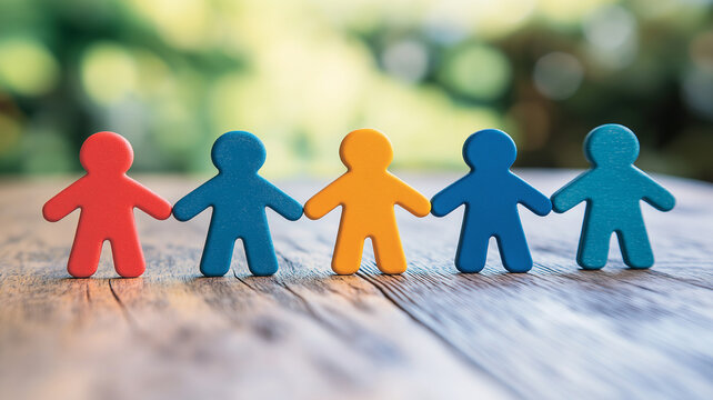 Colorful wooden figures standing in row on wooden surface representing teamwork and community unity and cooperation with natural bokeh background