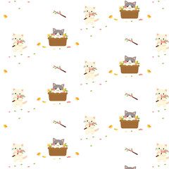 A cute pattern with a kitten sitting in a basket of flowers and a kitten holding a spring branch.