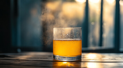 Golden adaptogenic mushroom elixir glows in a sleek modern glass, symbolizing wellness, vitality, balance, and holistic health in a luxurious and calming setting.