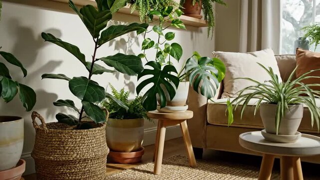 Indoor Oasis A Serene Home Interior Filled With Thriving Houseplants And Natural Light