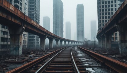 Obraz premium Foggy Abandoned Railway City