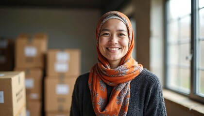 Muslim woman in orange hijab smiles, stands near stacked boxes. She volunteers for charity, helping with donations and humanitarian aid work.