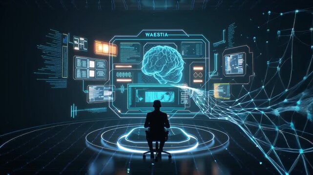 Futuristic AI-human collaboration scene, human sitting front holographic interface, neon neural networks connecting brain waves AI, dynamic flowing particles data ideas, glowing holographic charts 4k