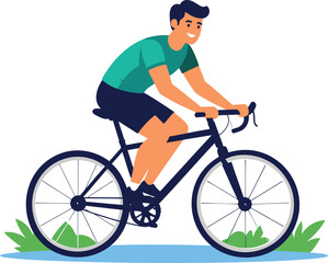 Fototapeta premium Man riding blue bicycle through green landscape with joyful smile