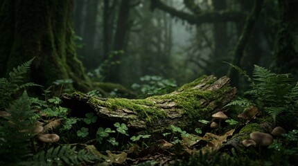 Obraz premium Moody Forest Landscape with Moss Covered Log Small Mushrooms and Clover Plants in a Misty Woodland
