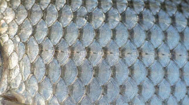 Macro View of Shimmering Silver Fish Scales Arranged in a Natural Geometric Overlapping Pattern