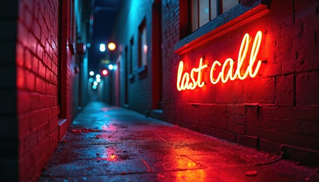 Neon sign glows red and orange on brick wall. Alleyway at night with wet pavement reflects lights. Urban nightlife scene signals closing time at bar or eatery.