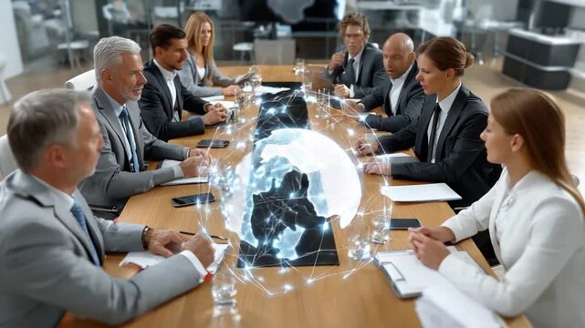 Global Business Strategy: A distinguished gathering of business leaders at the head of a modern meeting table, immersed in a collaborative strategy session. A globe graphic floats above.