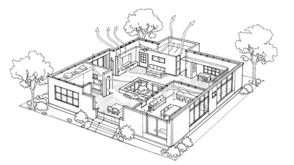 Fototapeta premium High-Quality Black Continuous Line Art of Eco-Friendly Home Layout with Natural Ventilation and Cross Airflow