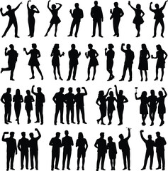 Human silhouette poses, confident stance, group interaction, expressive gesture chart, dancing figure, celebration posture, black outline, body language reference pack