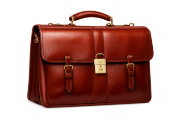 Brown leather briefcase concept for business, professional work, education, travel, corporate finance and style, transparent background