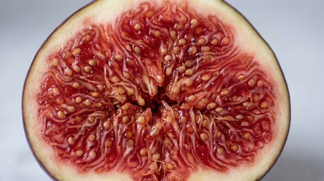 Detailed Cross-Section Macro Shot of a Ripe Purple Fig Showing Red Interior Seeds and Pulp
