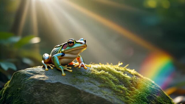 A vibrant green frog sits on a mossy rock in a sunlit forest with a subtle rainbow.