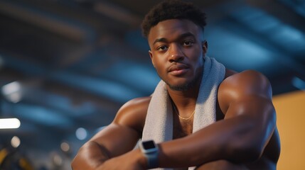 A weightlifter exhaling deeply while sitting on a gym bench between heavy sets, towel over shoulders and heart-rate monitor glowing on their wrist — strength conditioning, endurance mindset, and