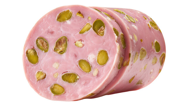 Sliced Italian Mortadella bologna sausage with green pistachios isolated on white.

