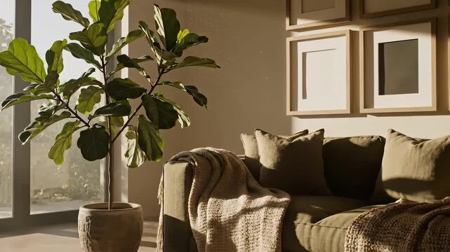 Inviting Interior With Fiddle Leaf Fig Plant And Natural Light For Relaxing Atmosphere