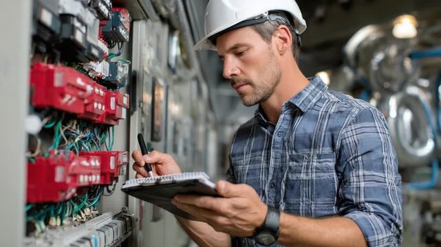 The Meticulous Engineer: A focused engineer, donned in a safety helmet, meticulously inspects and documents intricate electrical systems, embodying professionalism and technical expertise.