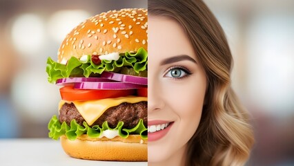 A cute gorgeous 20-year-old white girl whose half face is a burger