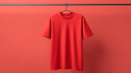 Vibrant red t-shirt display studio setting product photography minimalist background front view fashion appeal.
