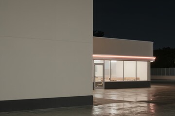 Minimalist illuminated modern storefront at night reflecting on wet pavement