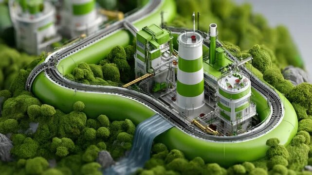 Eco-friendly Plant: An architectural depiction of a sustainable facility, nestled within a vibrant green landscape, symbolizing a commitment to environmentally conscious design and industrial harmony.