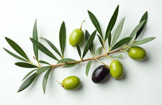 Olive branch with green and black olives and leaves on white background. Fresh natural fruit for cooking and healthy eating. Organic ingredient for food production.