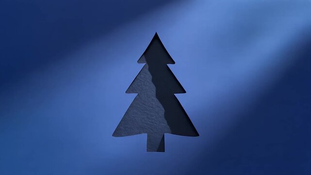 A lone dark pine tree silhouette stands against a textured deep blue background with soft light rays filtering from above.