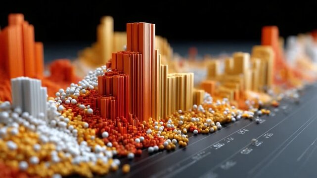 Data Visualization: Abstract cityscape composed of colorful cubes and spheres represents complex data, highlighting trends and patterns in a visually appealing and engaging manner. 