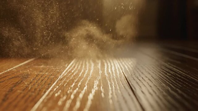 Warm Sunlight Illuminates Dust Particles Dancing Across a Polished Wooden Floor in a Dimly Lit Room Creating a Serene and Peaceful Atmosphere