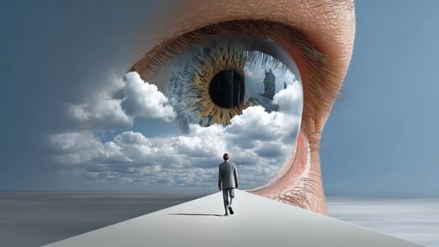 Visionary Pathways: A solitary figure embarks on a journey towards an eye, where city skylines and sky reflect ambition and discovery, navigating the realms of perception and progress