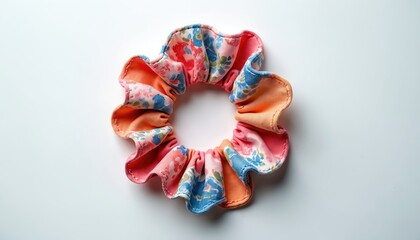 Fabric hair scrunchie with floral print and ruffled edges. This accessory is perfect for styling hair and adds a touch of beauty. It is a handmade item.