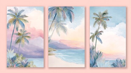 wedding invitation set with beach tropical palm tree watercolor landscape.