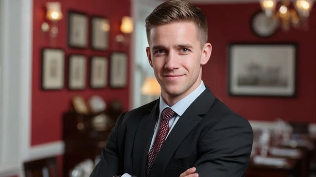 Confident Professional Portrait: A distinguished man in a suit exudes confidence in a meticulously arranged setting, his poised expression and smart attire suggesting capability and professionalism.