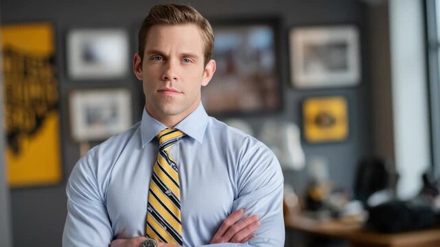 Confident Business Professional: A composed and sharp-dressed man stands in a stylish office, embodying confidence and success.