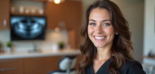 Smiling woman with brown hair in black uniform at modern dental office. X-ray on screen shows teeth. Professional dentist offers dental care service.