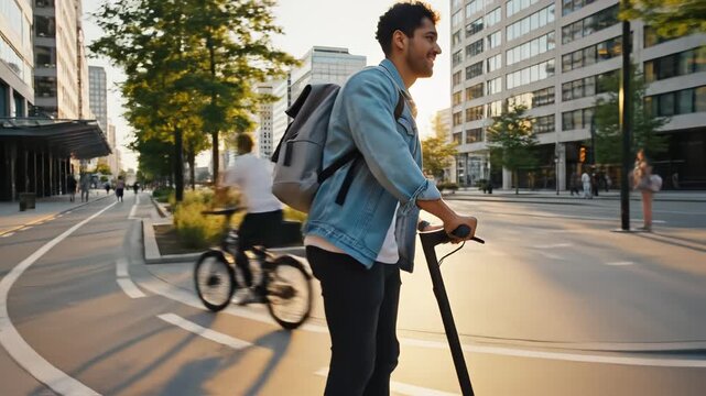 Young man riding electric scooter on city street