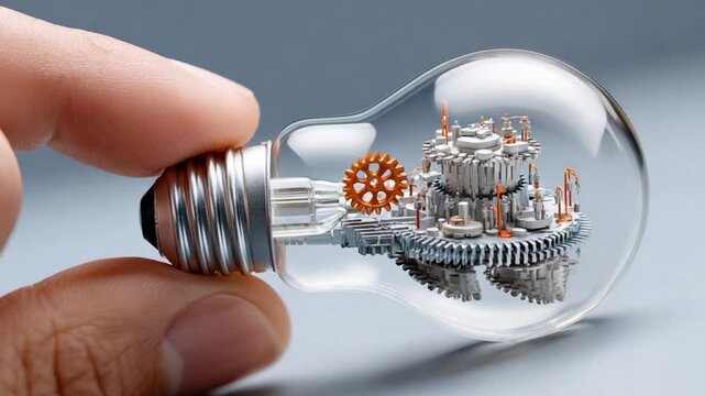 Innovation Illuminated: A close-up shot features a transparent light bulb delicately held, showcasing an intricate miniature cityscape of gears and mechanical components within.