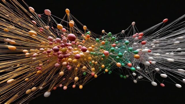 Network of Connections: An intricate network of interconnected nodes and lines illustrates the complex relationships, connections, and the flow of information, set against a dark backdrop.