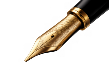 Fountain pen showcasing an ornate golden nib, symbolizing luxury, education, and executive tasks on an isolated transparent background