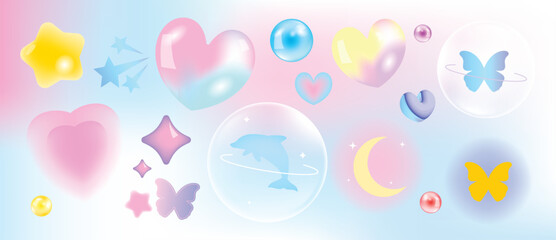 Happy valentine's Day Y2K blurred gradient element vector set. Trendy shape, star, heart, flower, dolphin, ribbon, bubble, sparkle, butterfly. Abstract y2k illustration for print, card, decor. © TWINS DESIGN STUDIO