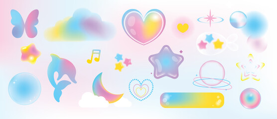 Happy valentine's Day Y2K blurred gradient element vector set. Trendy shape, star, heart, flower, dolphin, cloud, moon, bubble, sparkle, butterfly. Abstract y2k illustration for print, card, decor. © TWINS DESIGN STUDIO