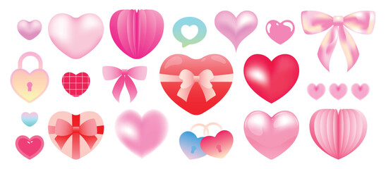 Happy valentine's Day Y2K blurred gradient element vector set. Trendy red and pink heart shaped, love gifts, lock, ribbon, paper cut, speed bubble, Abstract y2k illustration for print, card, decor.