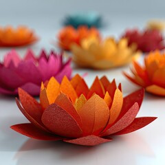Paper flowers bloom in vibrant hues. Soft focus
