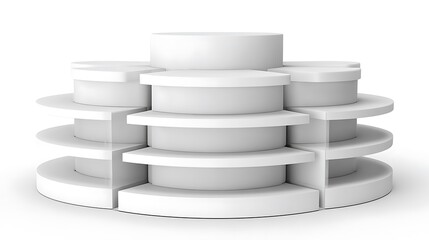 white round pos poi cardboard floor display rack for supermarket blank empty displays with shelves products on white background isolated ready for your design product packing.